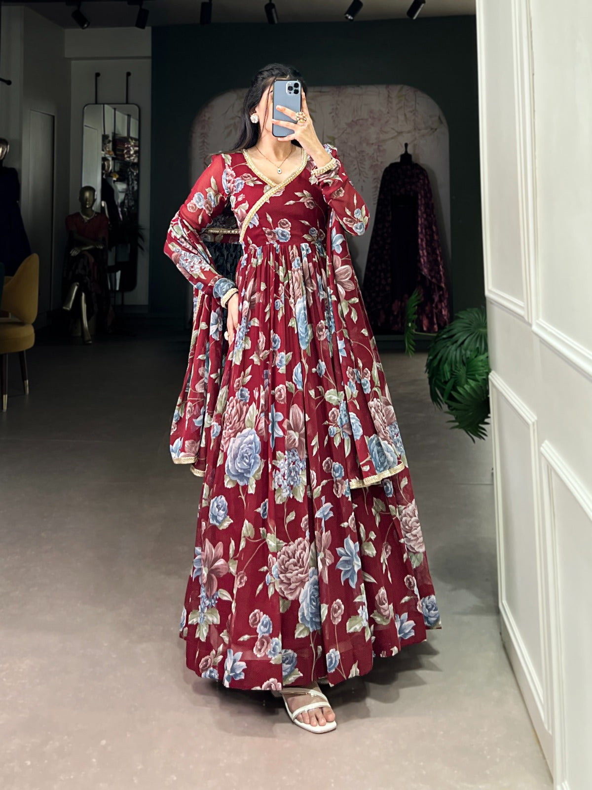 Designer Long sleeves V neck dress Marble silk Print with lace border Gown Suit