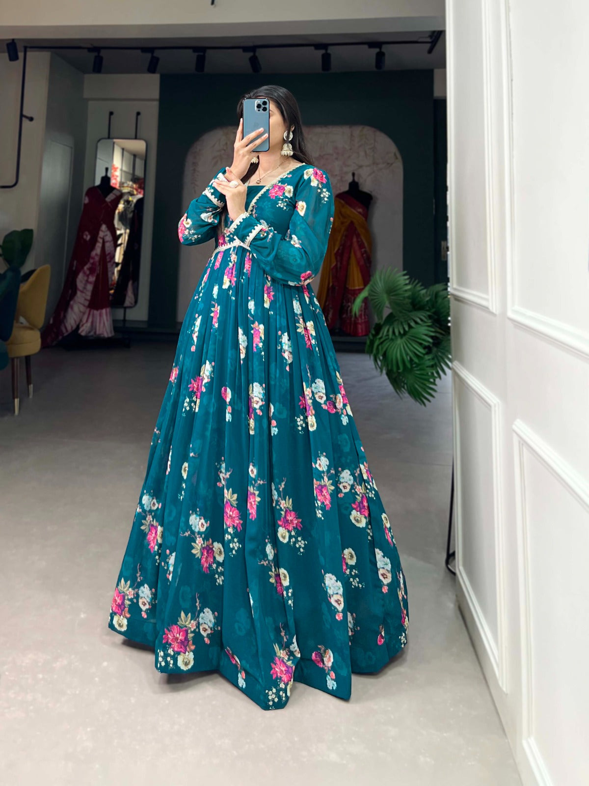 Readymade Dress Georgette Floral print with Lace border Firozi Gown with Dupatta
