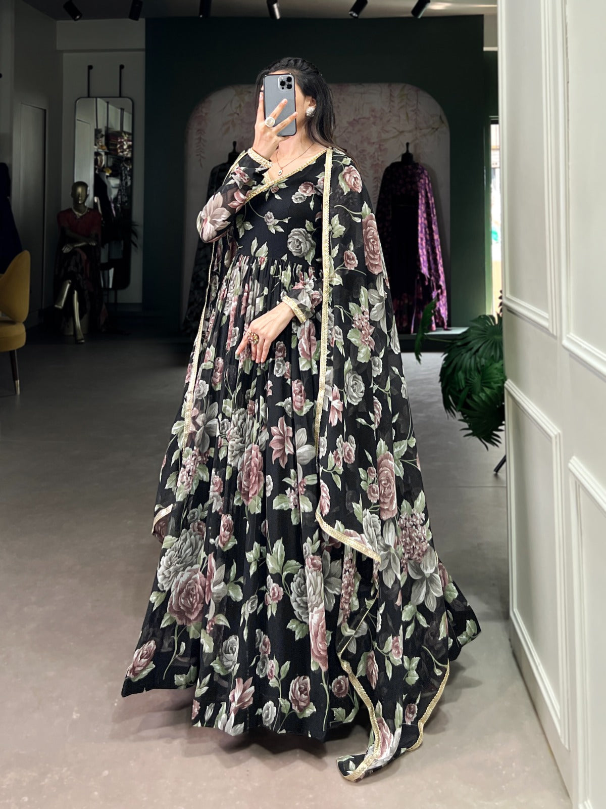Designer Long sleeves V neck dress Marble silk Print with lace border Gown Suit