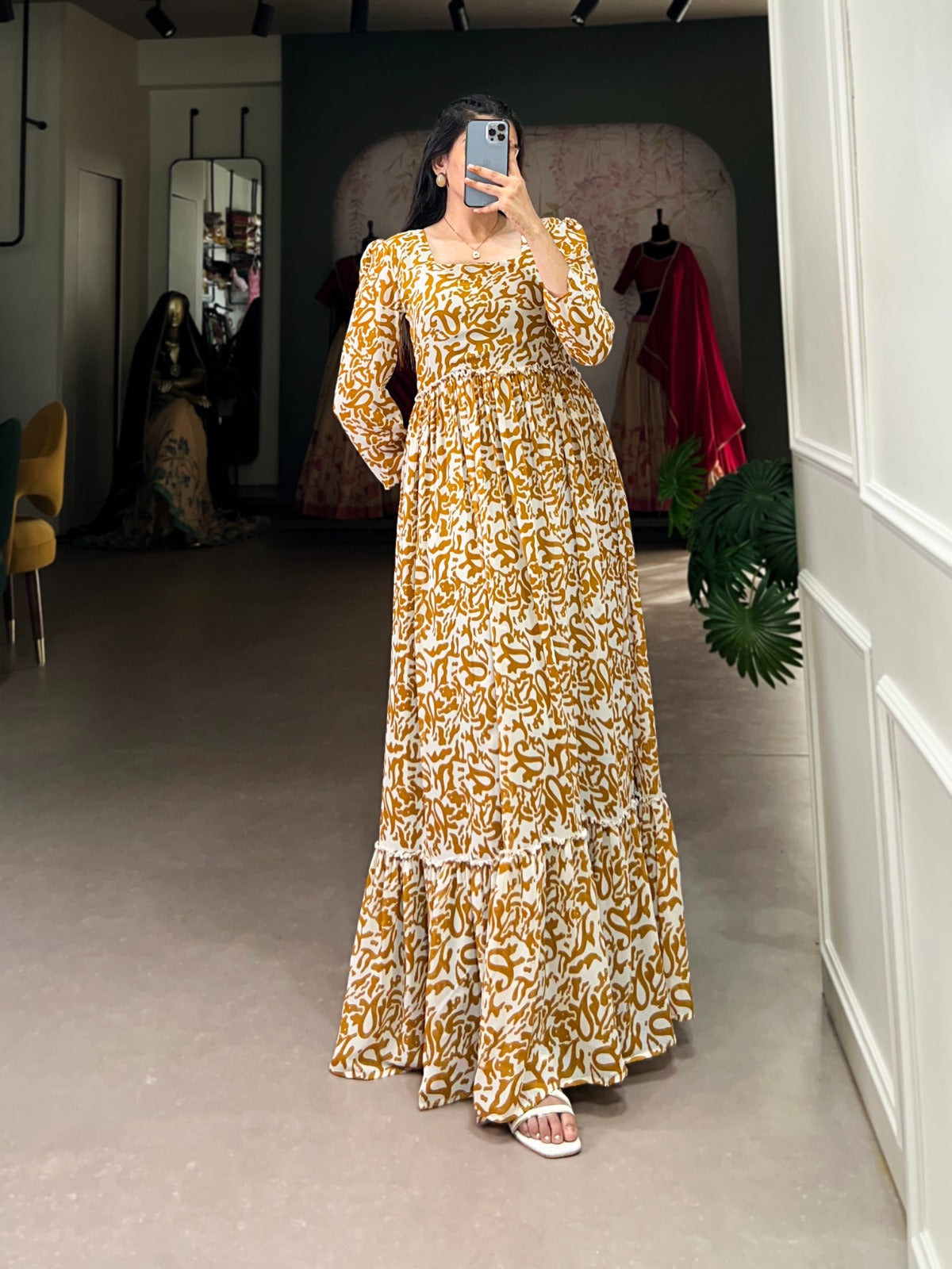 Readymade Mustard A Line dress Georgette Fabric Printed Ready to wear Gown