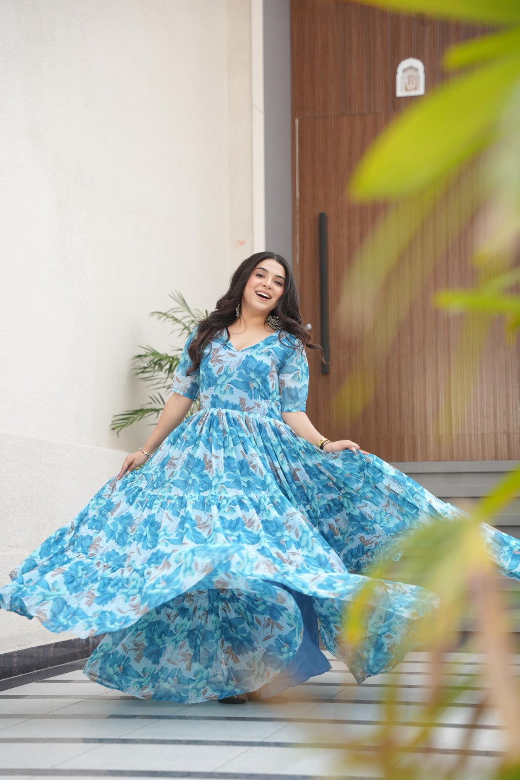 Faux Georgette fabric with print work Gown V neck Half sleeve Printed gown