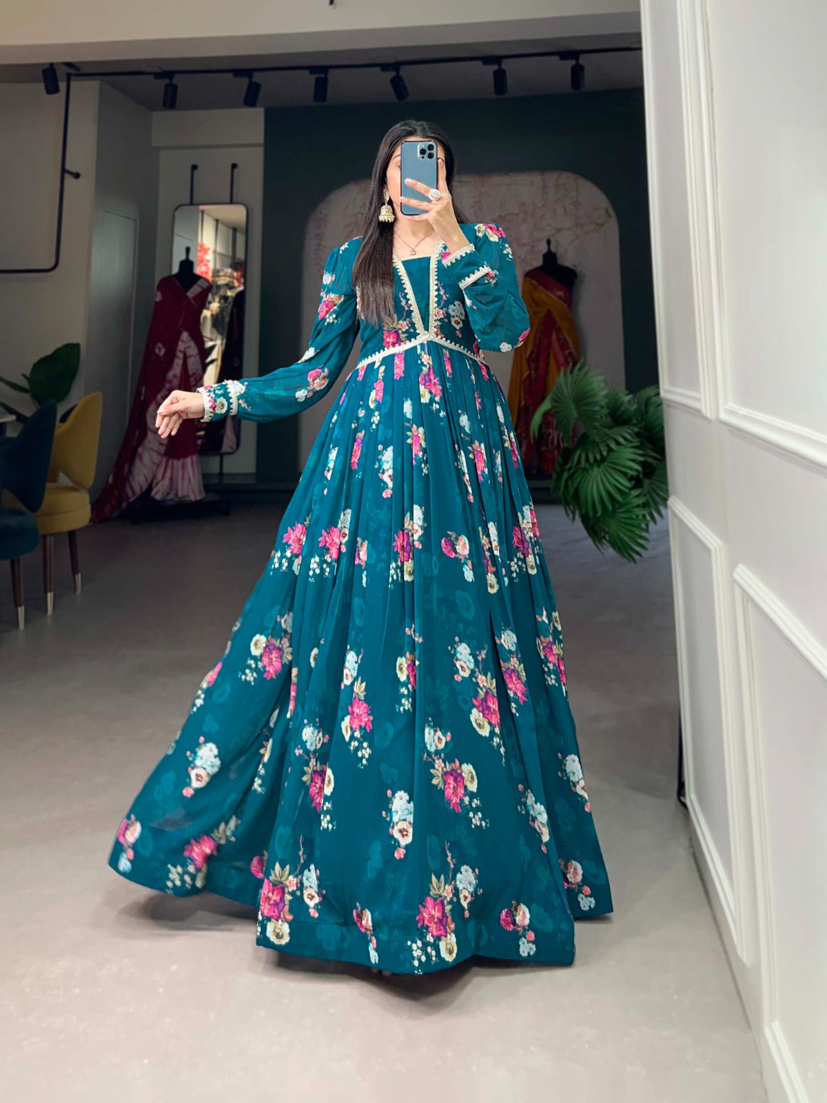 Readymade Dress Georgette Floral print with Lace border Firozi Gown with Dupatta