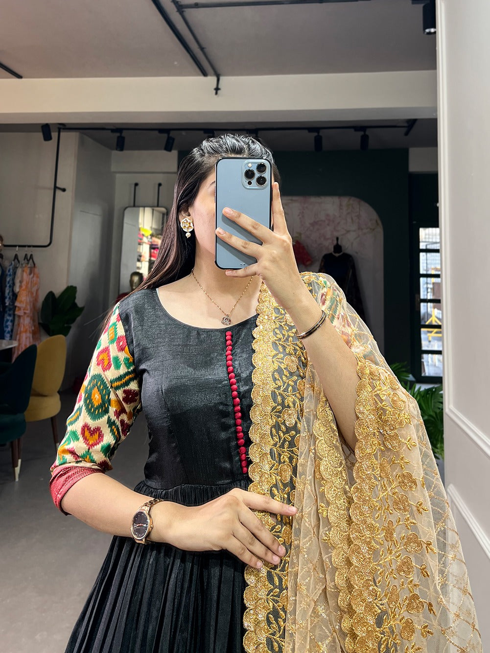 Black Dola silk Printed Gown Readymade Party wear Indian Dress with Dupatta