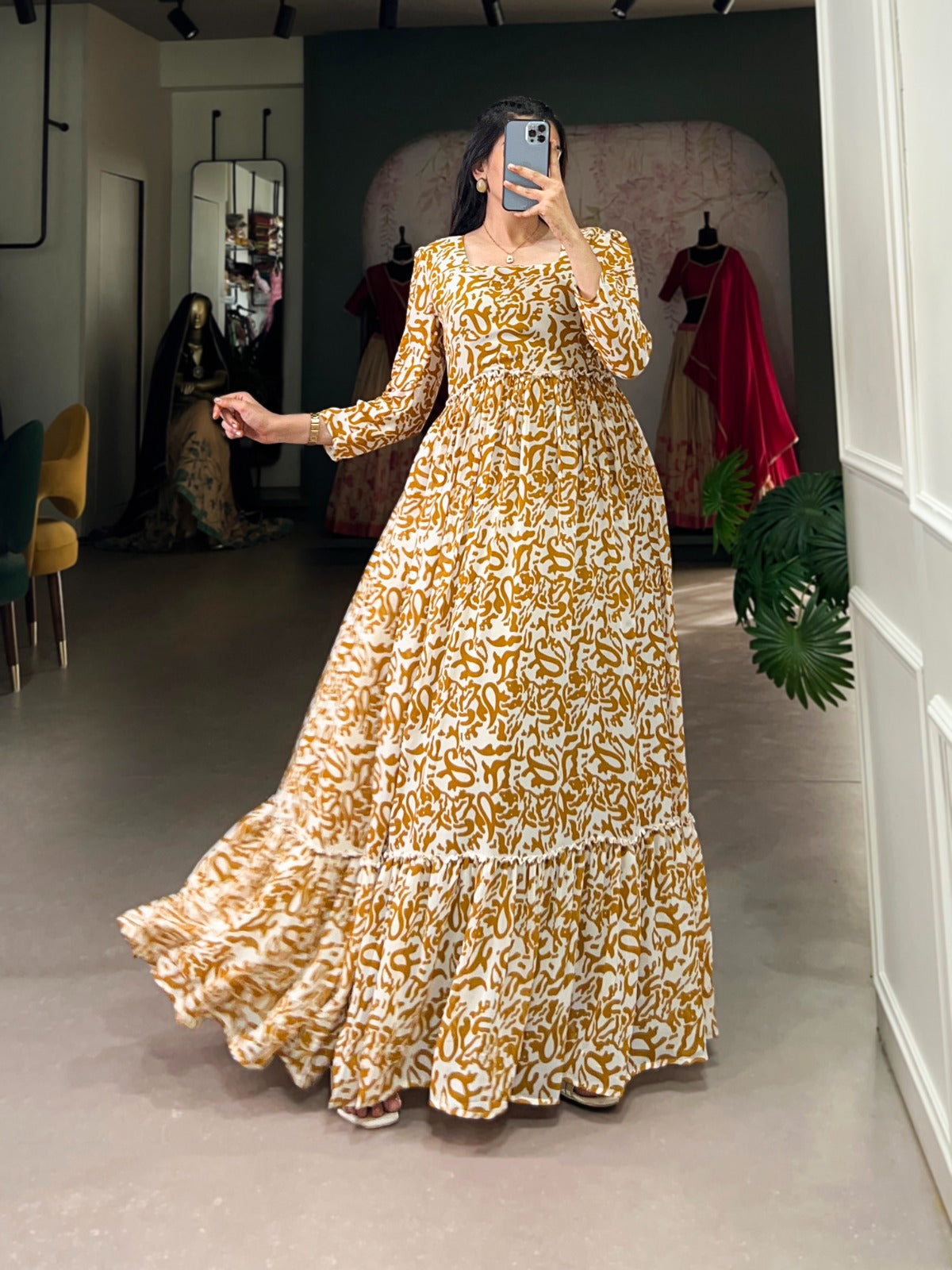 Readymade Mustard A Line dress Georgette Fabric Printed Ready to wear Gown