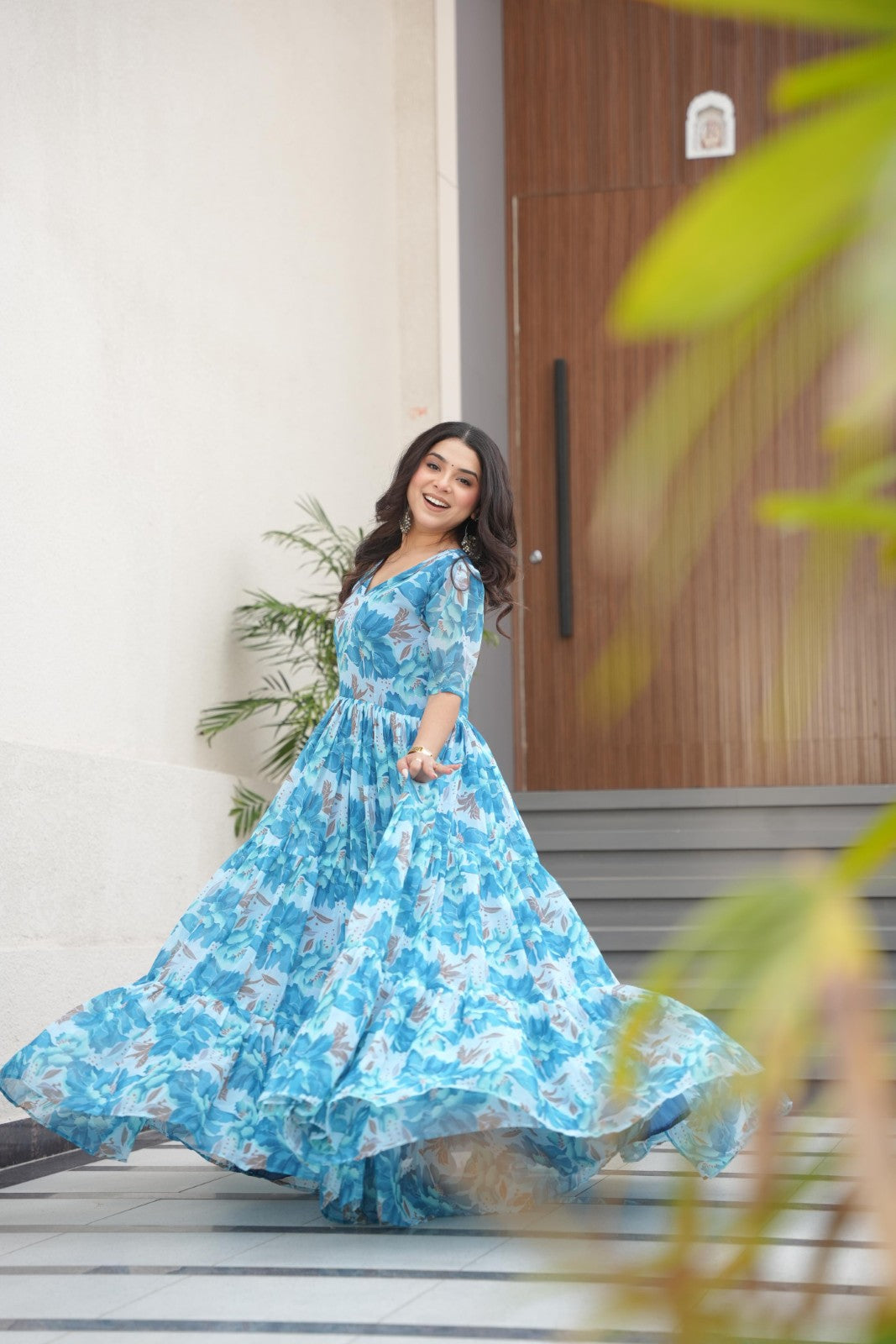 Faux Georgette fabric with print work Gown V neck Half sleeve Printed gown