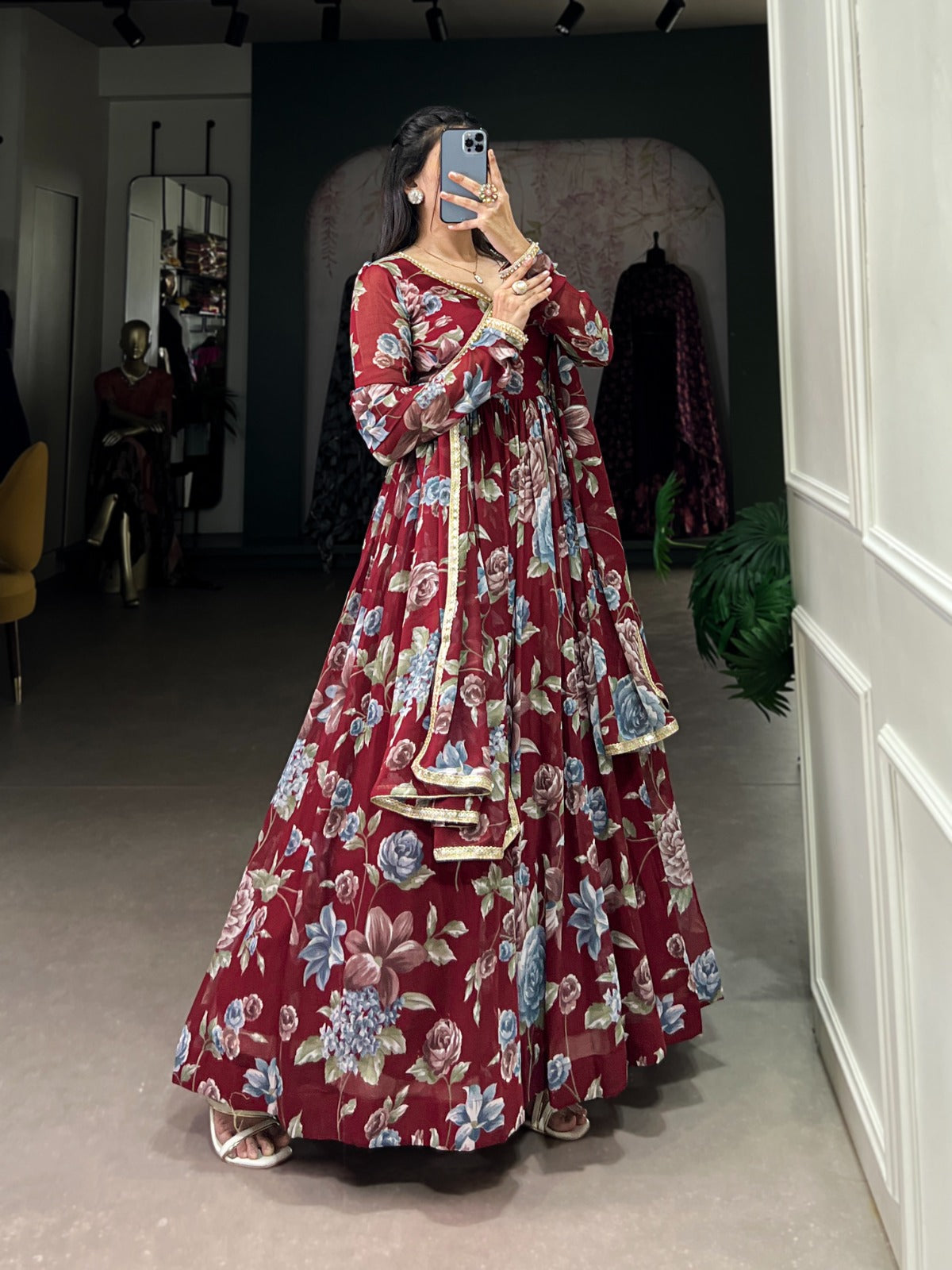 Designer Long sleeves V neck dress Marble silk Print with lace border Gown Suit