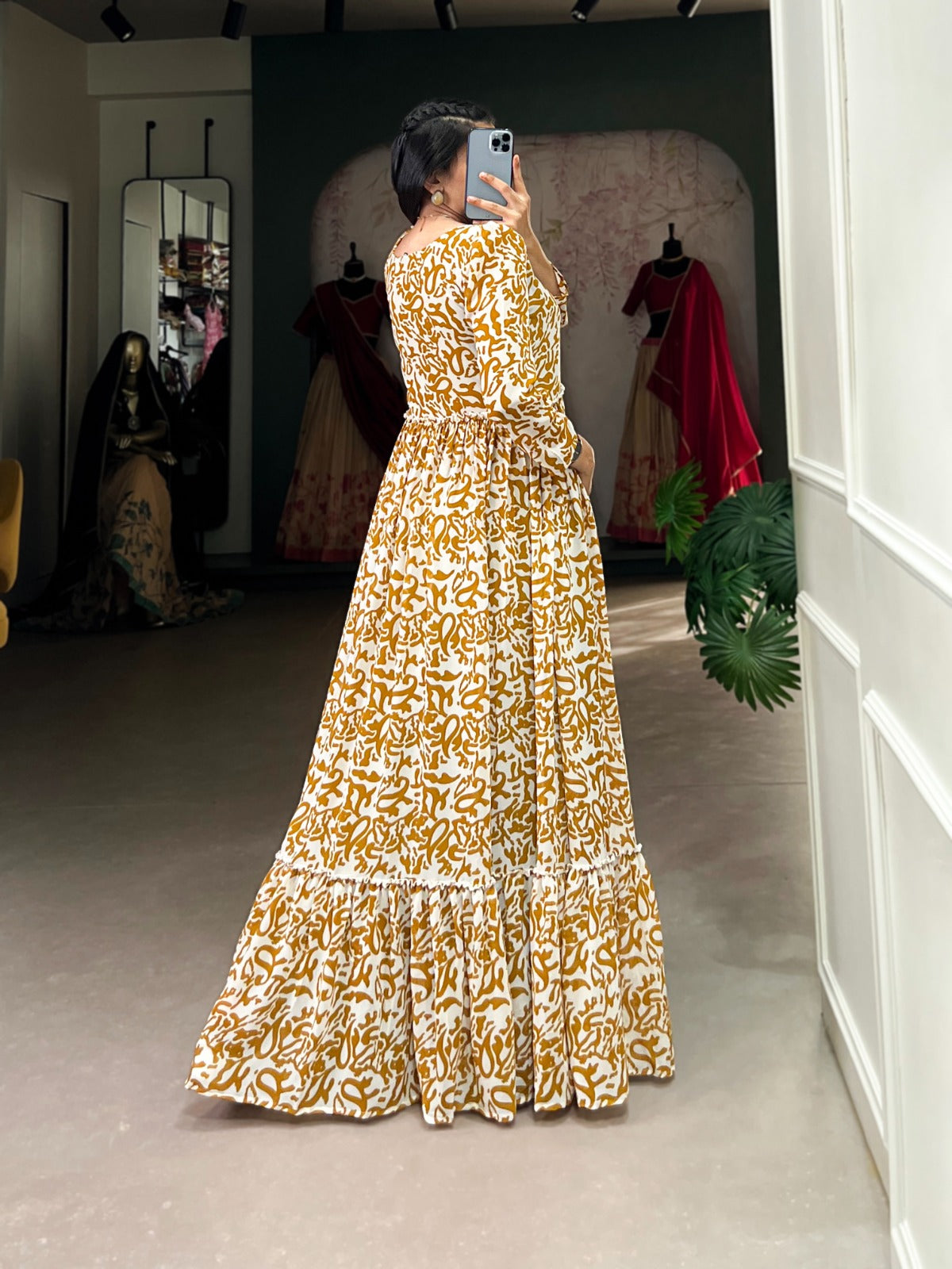 Readymade Mustard A Line dress Georgette Fabric Printed Ready to wear Gown