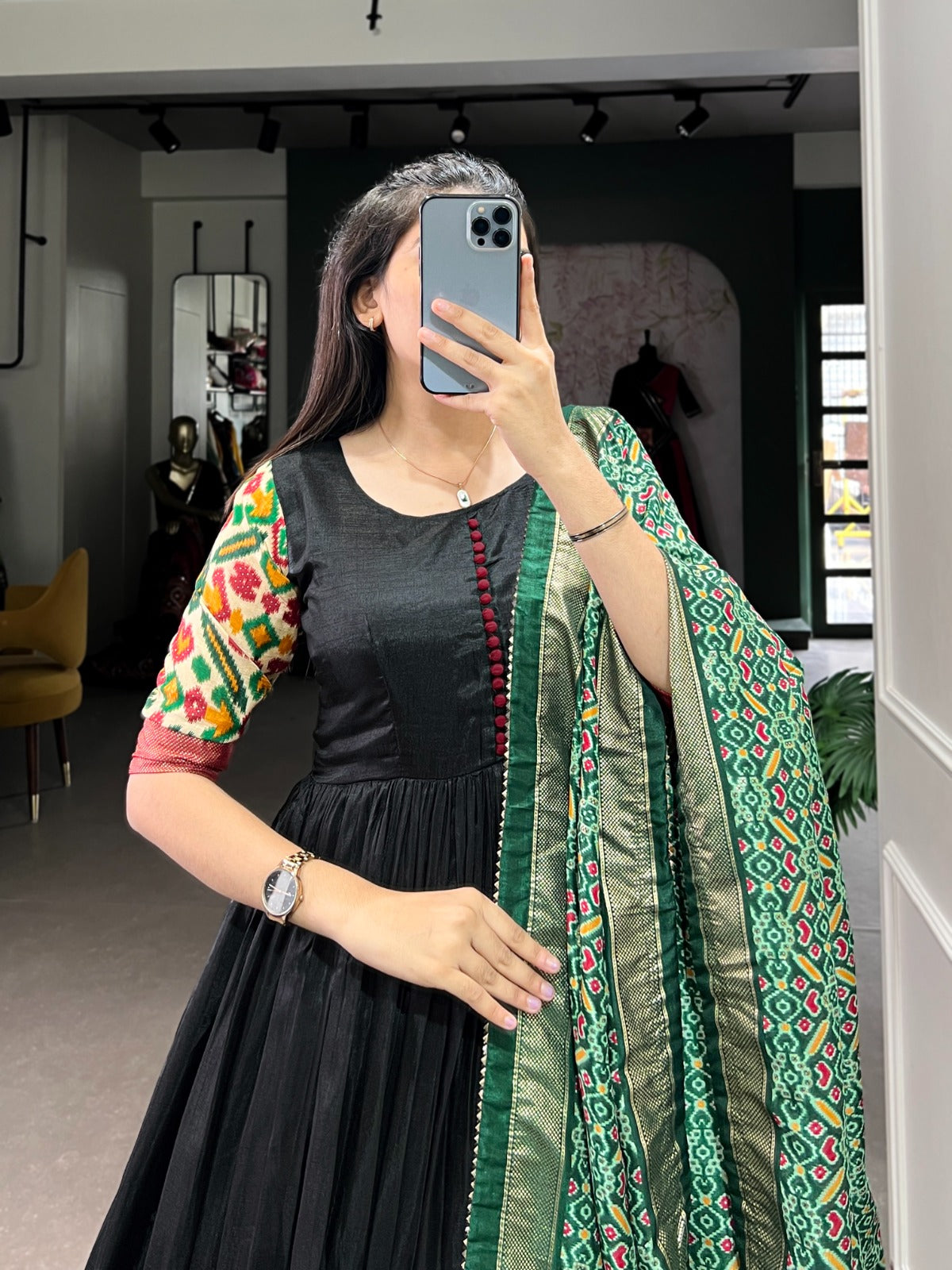 Black Dola silk Printed Gown Readymade Party wear Indian Dress with Dupatta