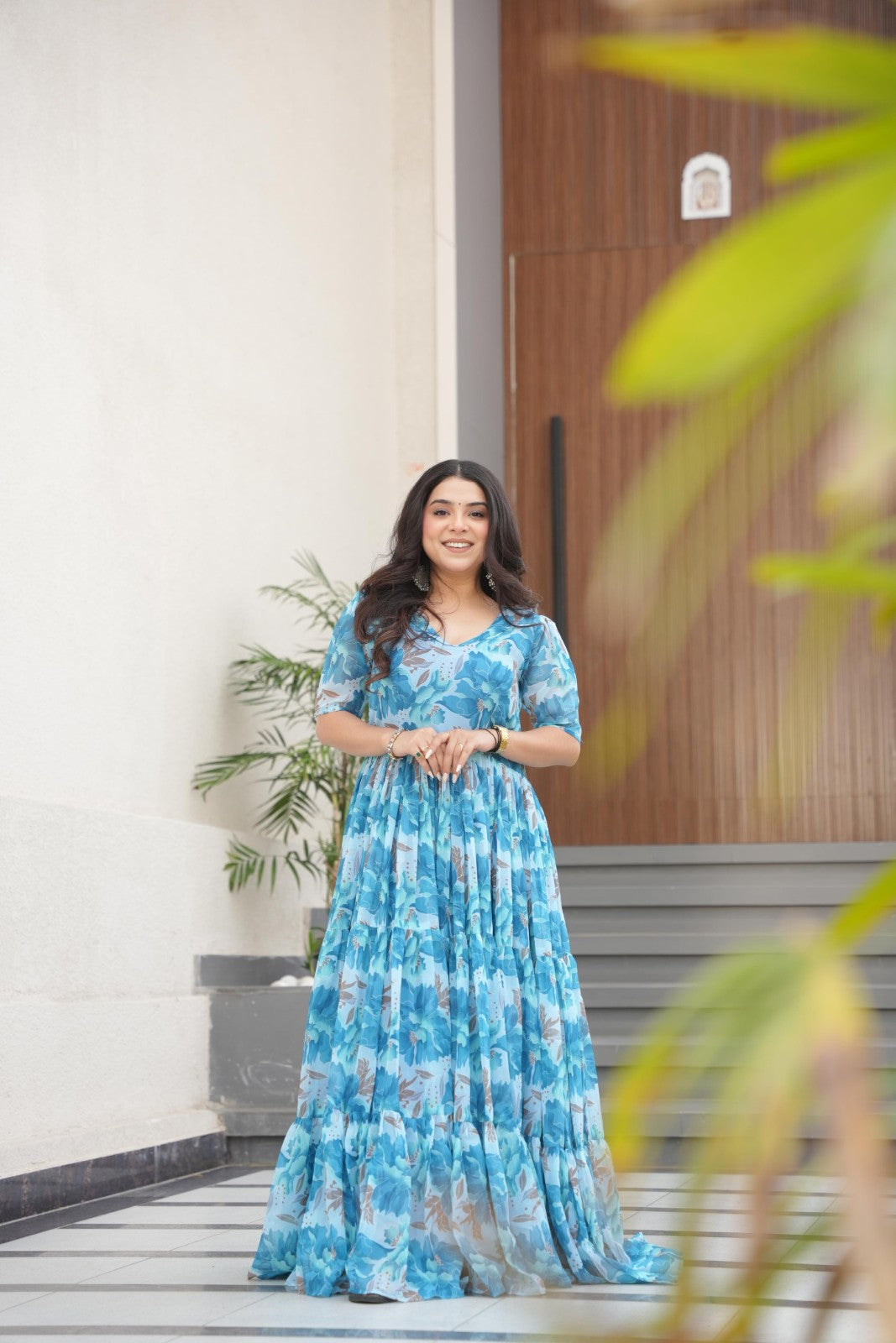 Faux Georgette fabric with print work Gown V neck Half sleeve Printed gown