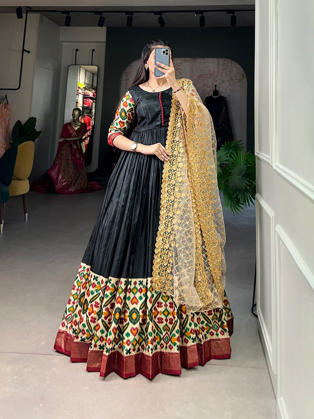 Black Dola silk Printed Gown Readymade Party wear Indian Dress with Dupatta