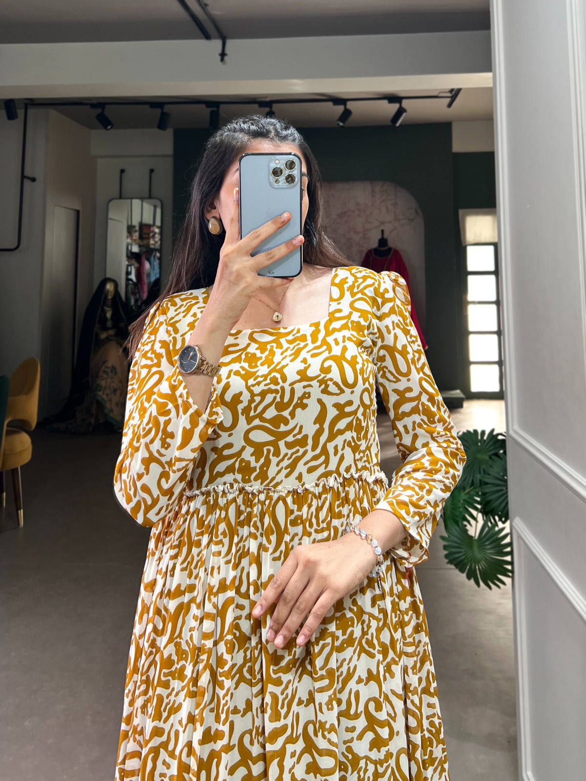 Readymade Mustard A Line dress Georgette Fabric Printed Ready to wear Gown