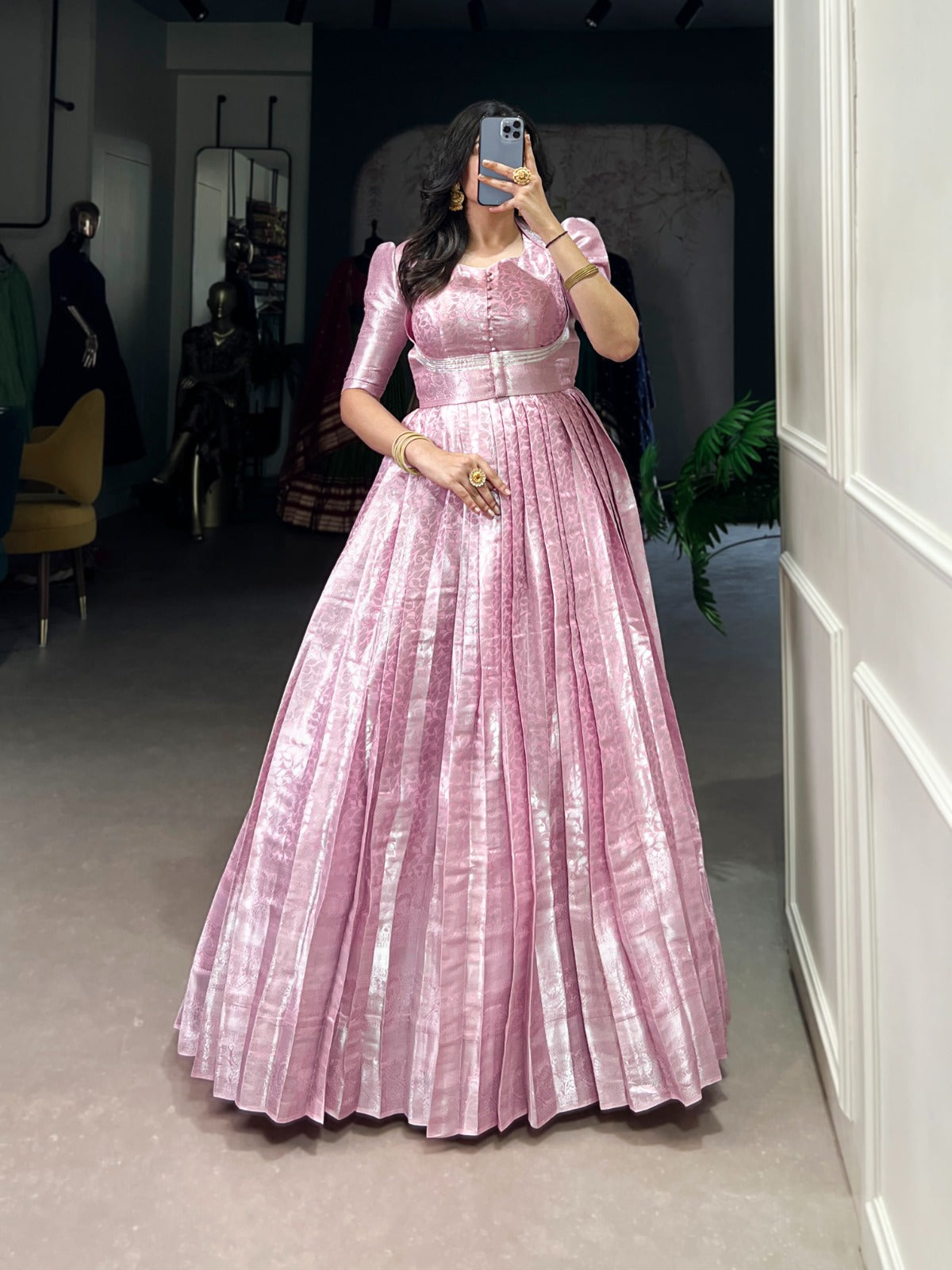 Designer Kanjivaram silk with Zari weaving work Ball Gown with koti