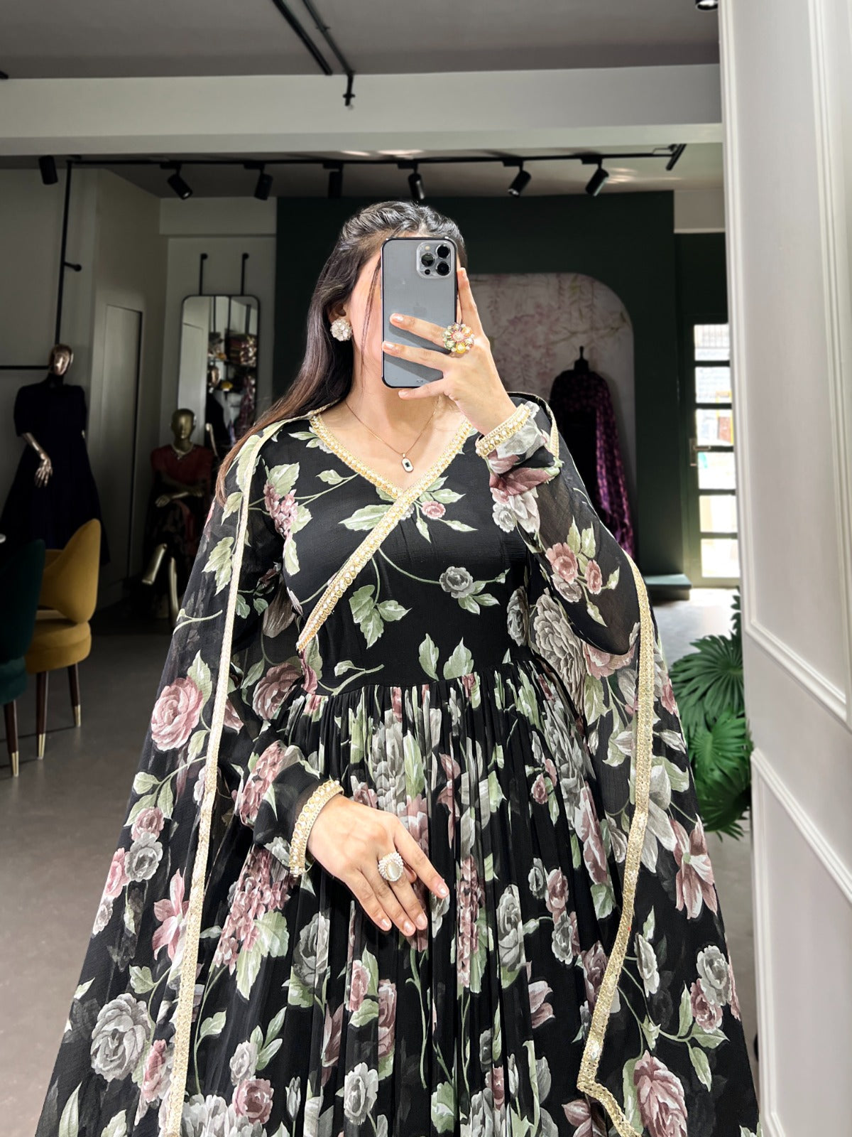 Designer Long sleeves V neck dress Marble silk Print with lace border Gown Suit