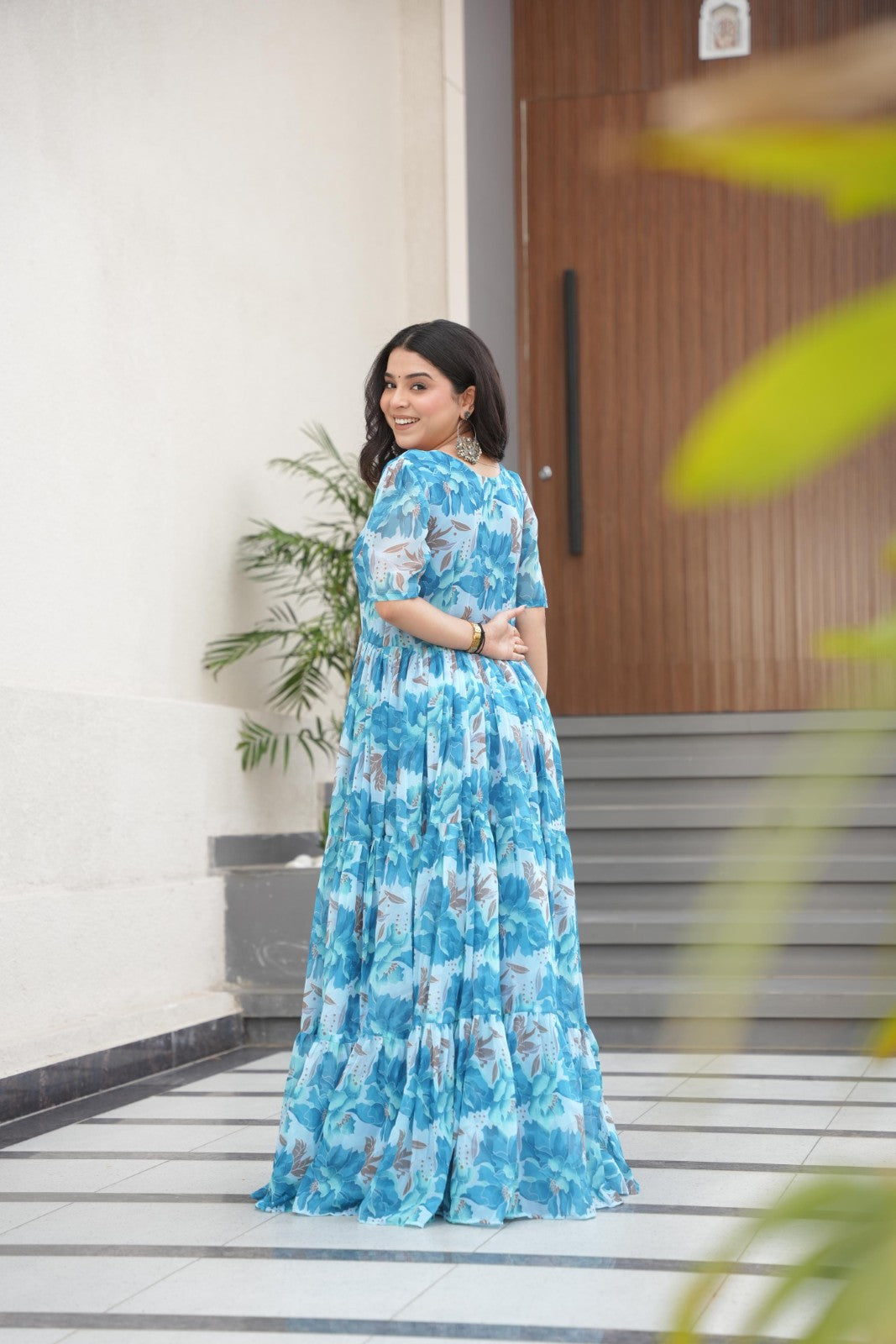 Faux Georgette fabric with print work Gown V neck Half sleeve Printed gown