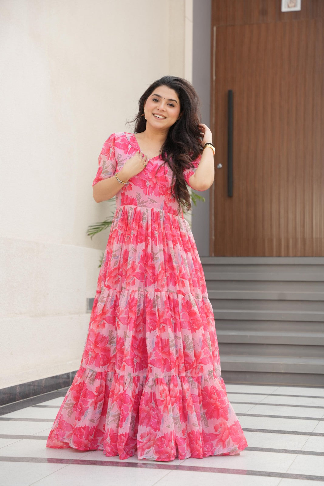 Faux Georgette fabric with print work Gown V neck Half sleeve Printed gown