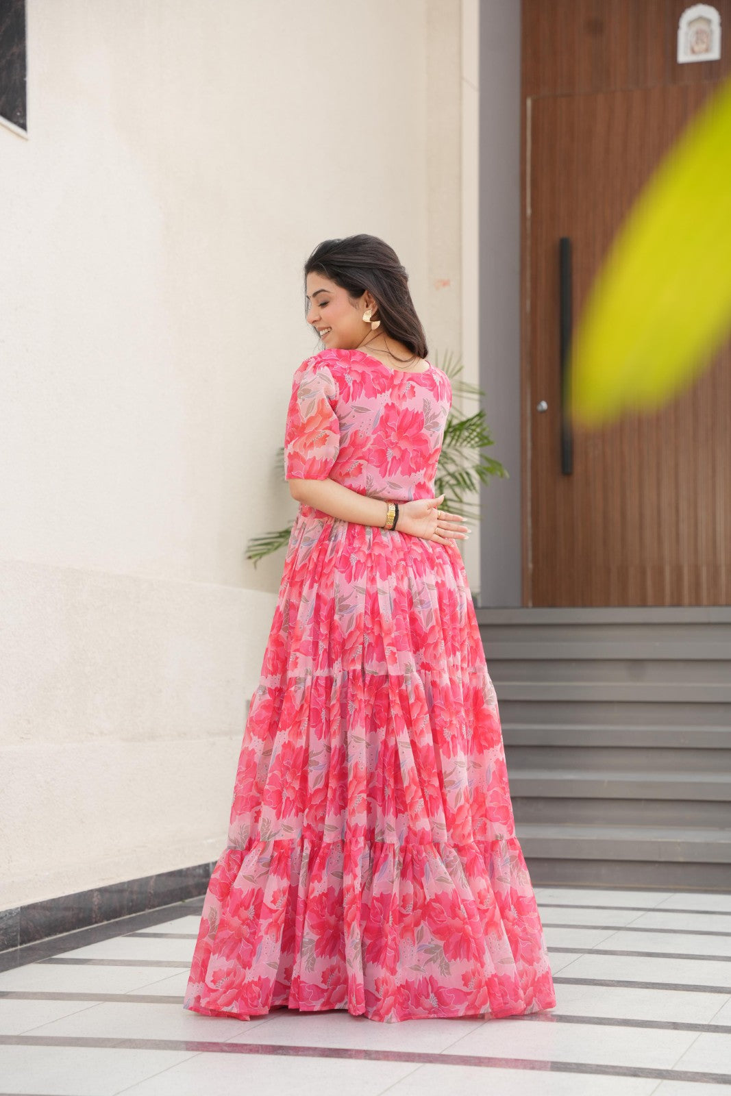 Faux Georgette fabric with print work Gown V neck Half sleeve Printed gown