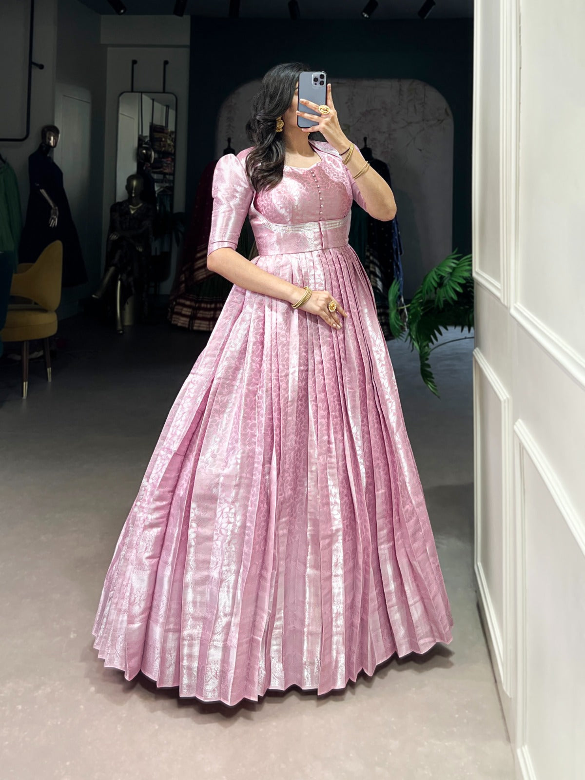 Designer Kanjivaram silk with Zari weaving work Ball Gown with koti