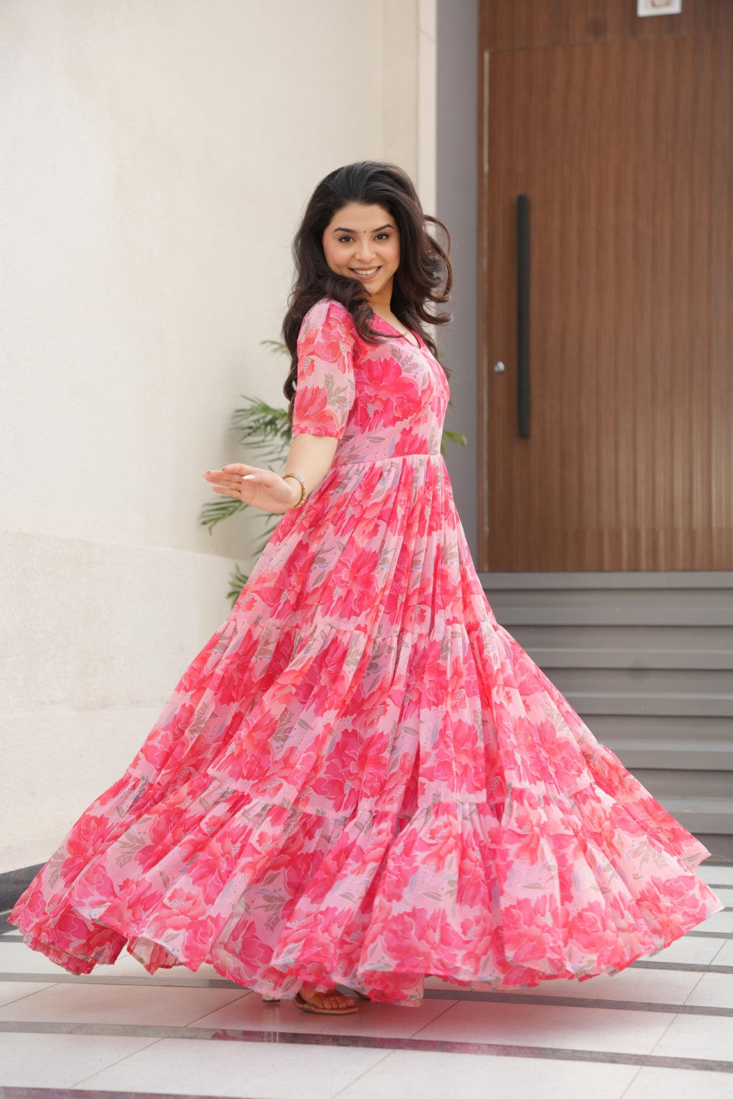Faux Georgette fabric with print work Gown V neck Half sleeve Printed gown