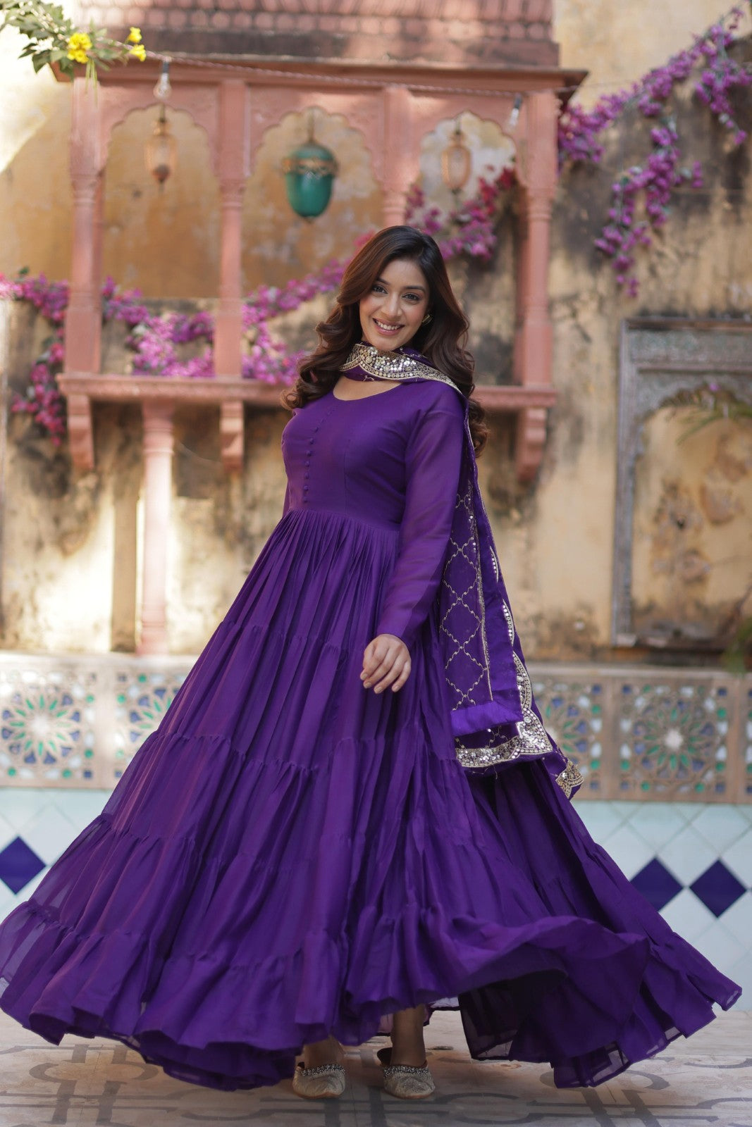 Star Georgette fabric Frill gown Women's wear Dress Readymade Gown with Dupatta