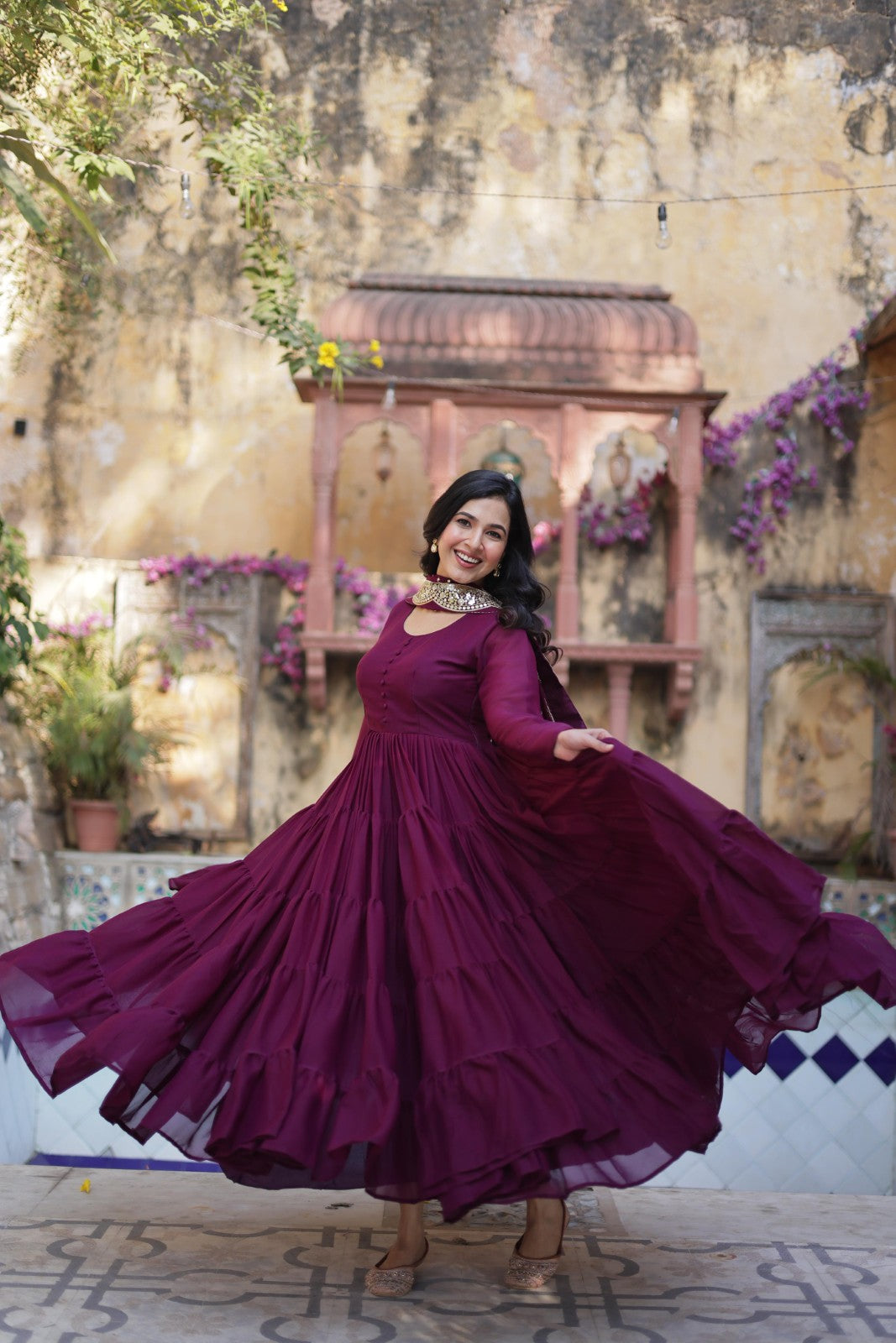 Star Georgette fabric Frill gown Women's wear Dress Readymade Gown with Dupatta
