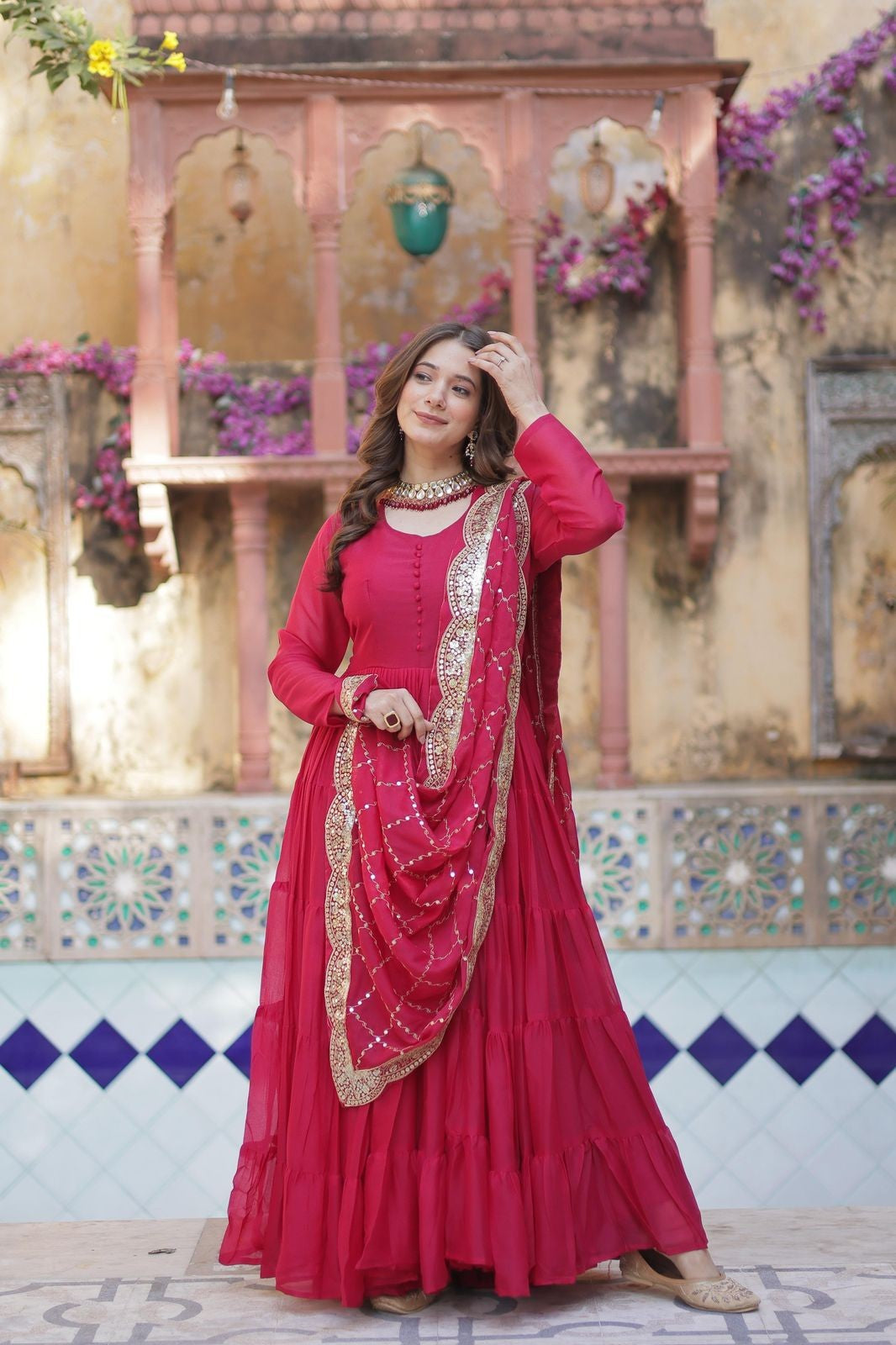 Star Georgette fabric Frill gown Women's wear Dress Readymade Gown with Dupatta