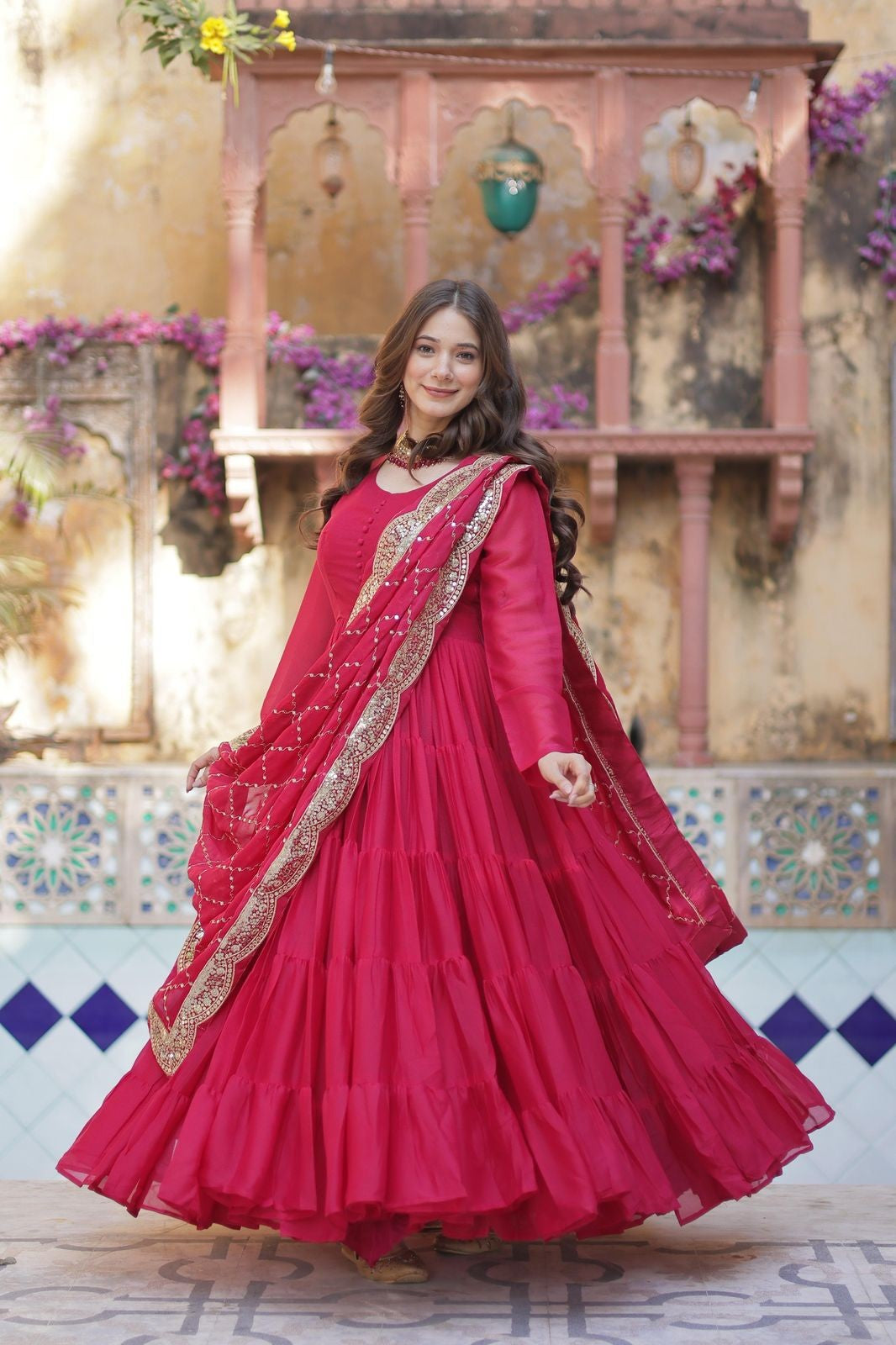 Star Georgette fabric Frill gown Women's wear Dress Readymade Gown with Dupatta