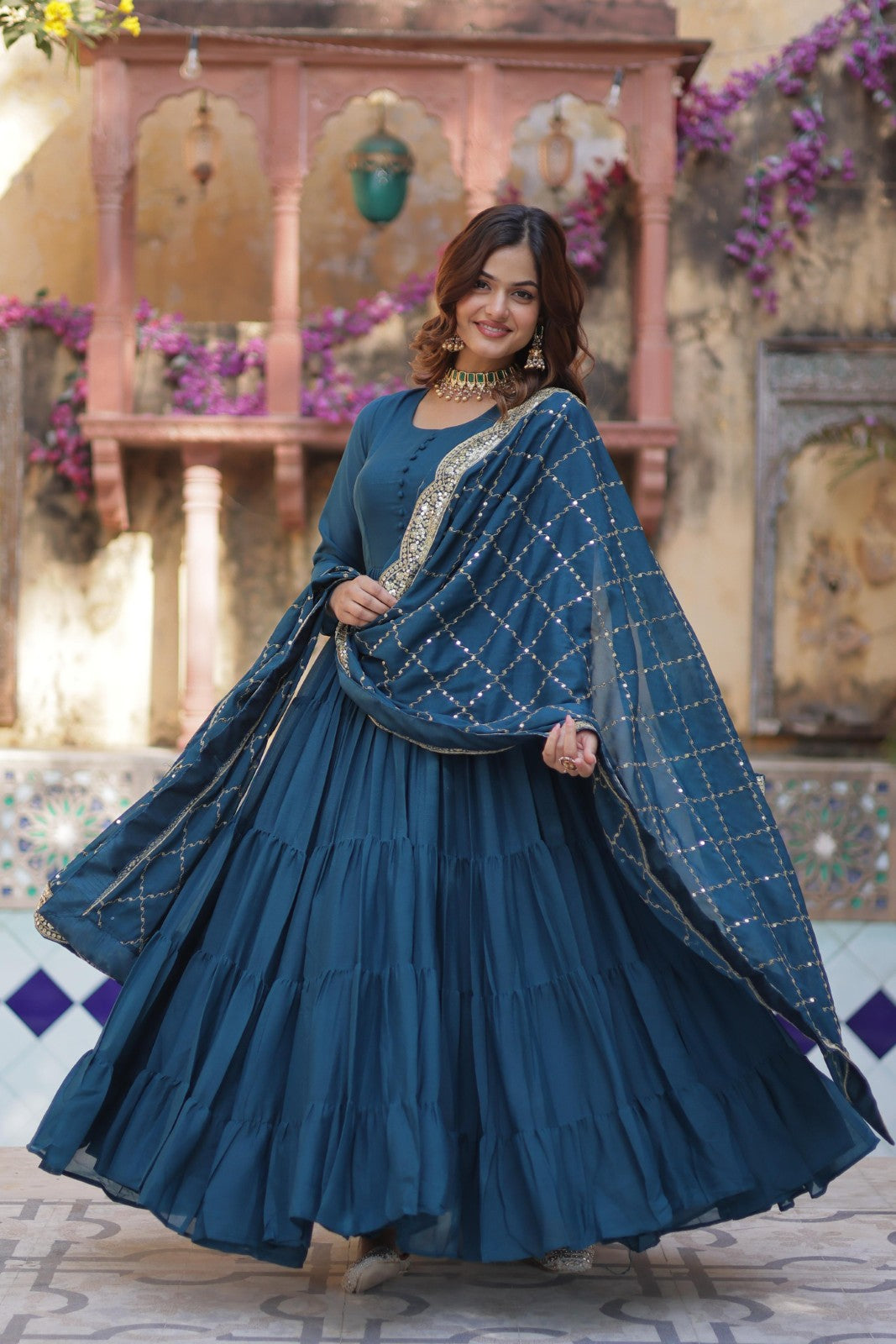Star Georgette fabric Frill gown Women's wear Dress Readymade Gown with Dupatta