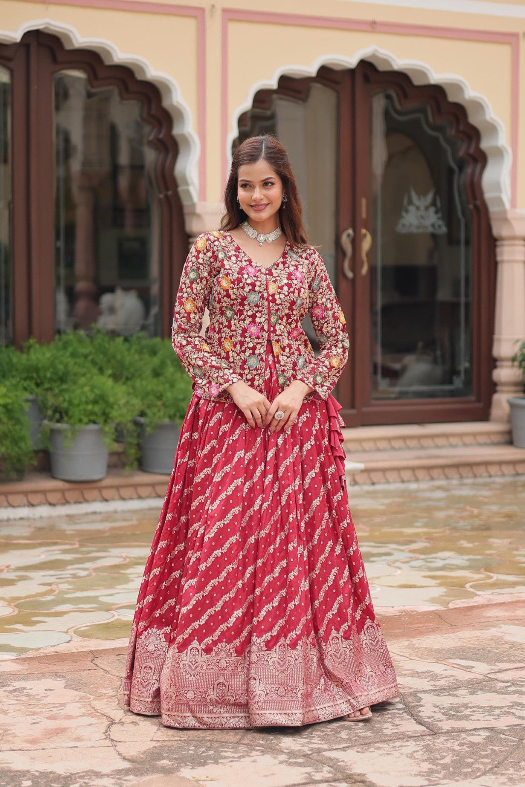 Maroon Co ord set lehenga choli Pure dyable viscose Jacquard lehenga with top