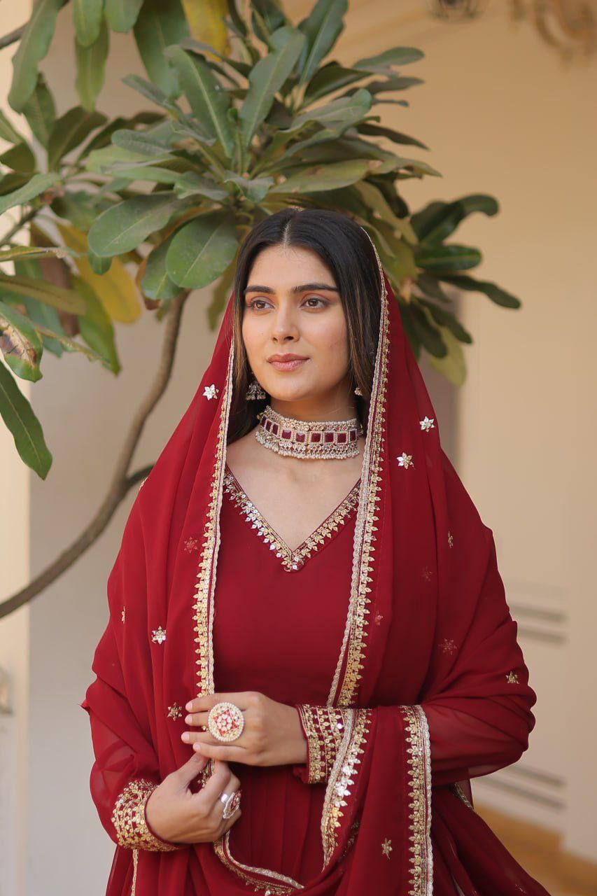 Indian ethnic wear Embroidered gown Sequins Anarkali dress with Dupatta