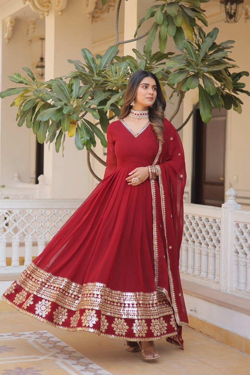 Indian ethnic wear Embroidered gown Sequins Anarkali dress with Dupatta