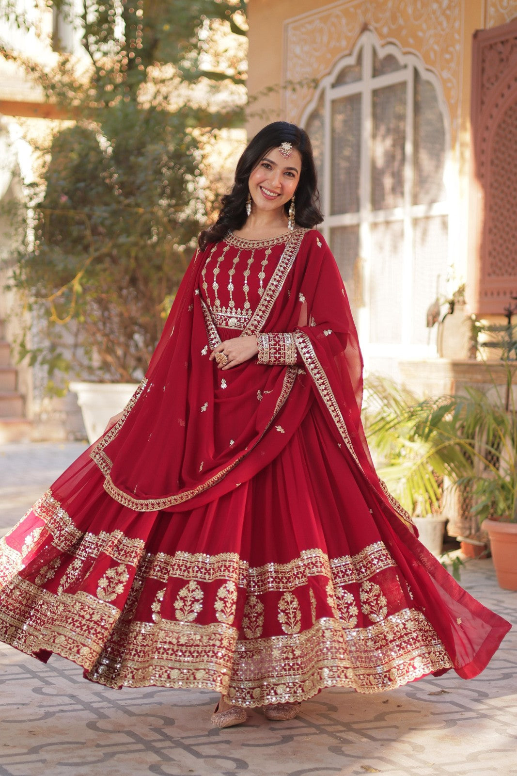 Faux Blooming gown Indian ethnic wear Embroidered Suit Sequins work Gown