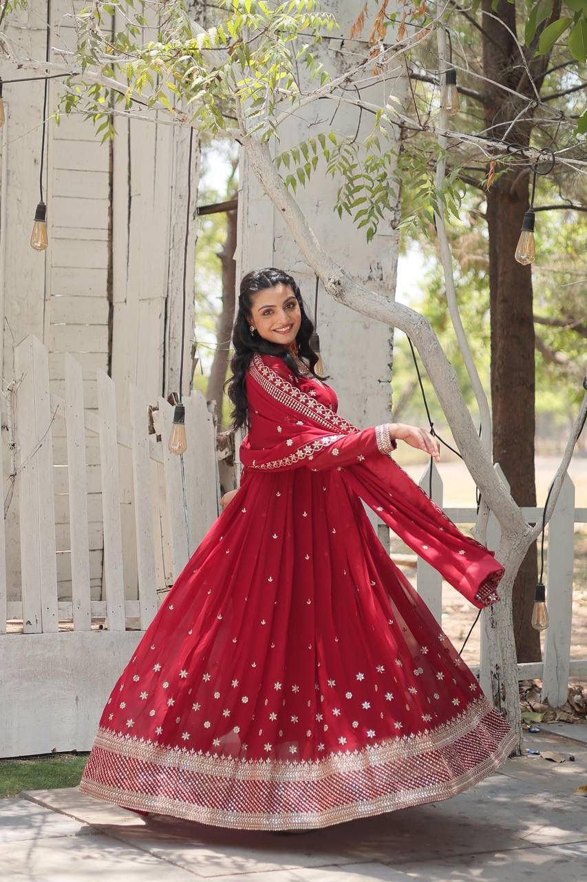 Indian ethnic Dress with Dupatta Faux blooming Gown with Rich sequins embroidered work