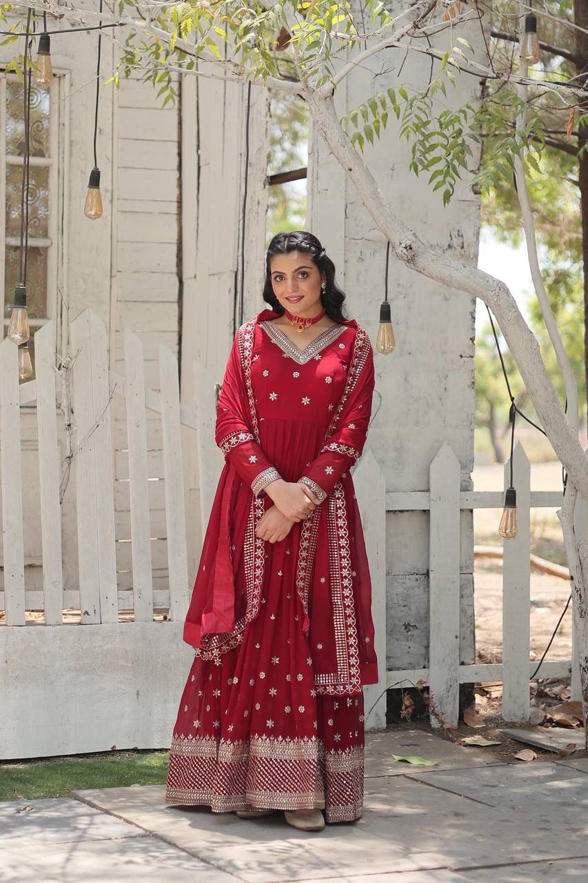 Indian ethnic Dress with Dupatta Faux blooming Gown with Rich sequins embroidered work