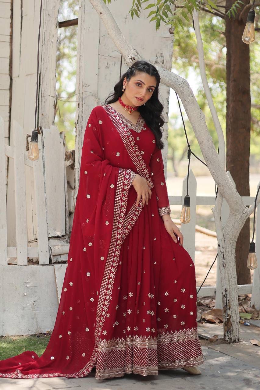 Indian ethnic Dress with Dupatta Faux blooming Gown with Rich sequins embroidered work