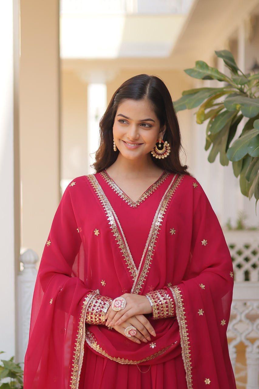 Indian ethnic wear Embroidered gown Sequins Anarkali dress with Dupatta