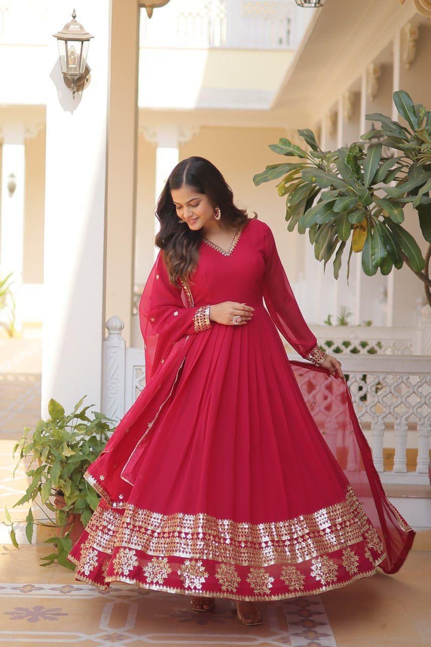Indian ethnic wear Embroidered gown Sequins Anarkali dress with Dupatta