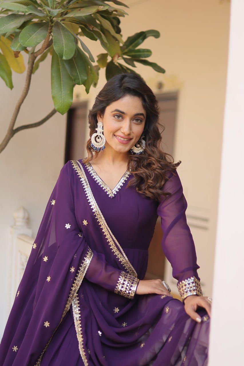 Indian ethnic wear Embroidered gown Sequins Anarkali dress with Dupatta