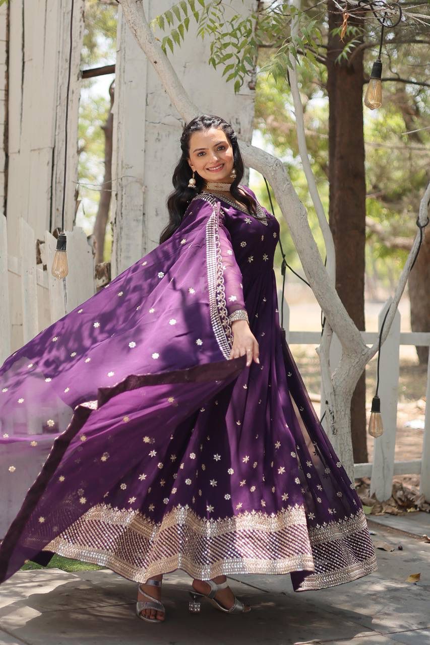 Indian ethnic Dress with Dupatta Faux blooming Gown with Rich sequins embroidered work