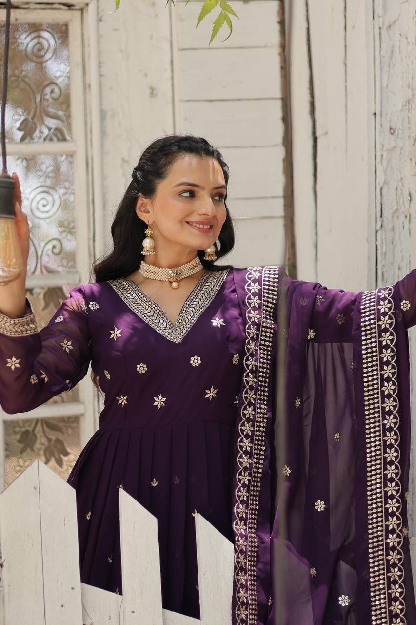 Indian ethnic Dress with Dupatta Faux blooming Gown with Rich sequins embroidered work