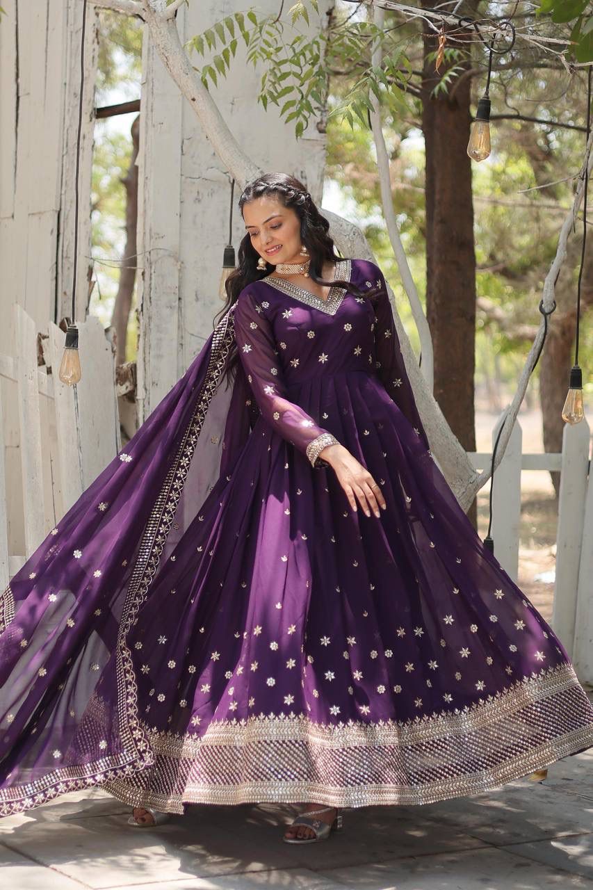 Indian ethnic Dress with Dupatta Faux blooming Gown with Rich sequins embroidered work