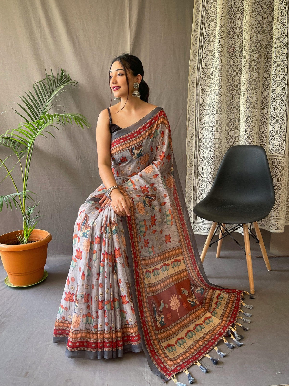 Pure malai cotton kalamkari Printed Tassels with Pallu Weaving saree