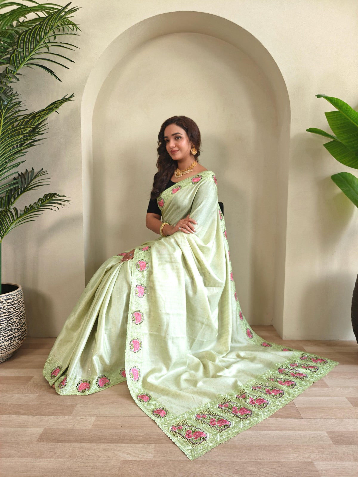 Soft tussar silk with Embroidered cutwork Designer saree blouse