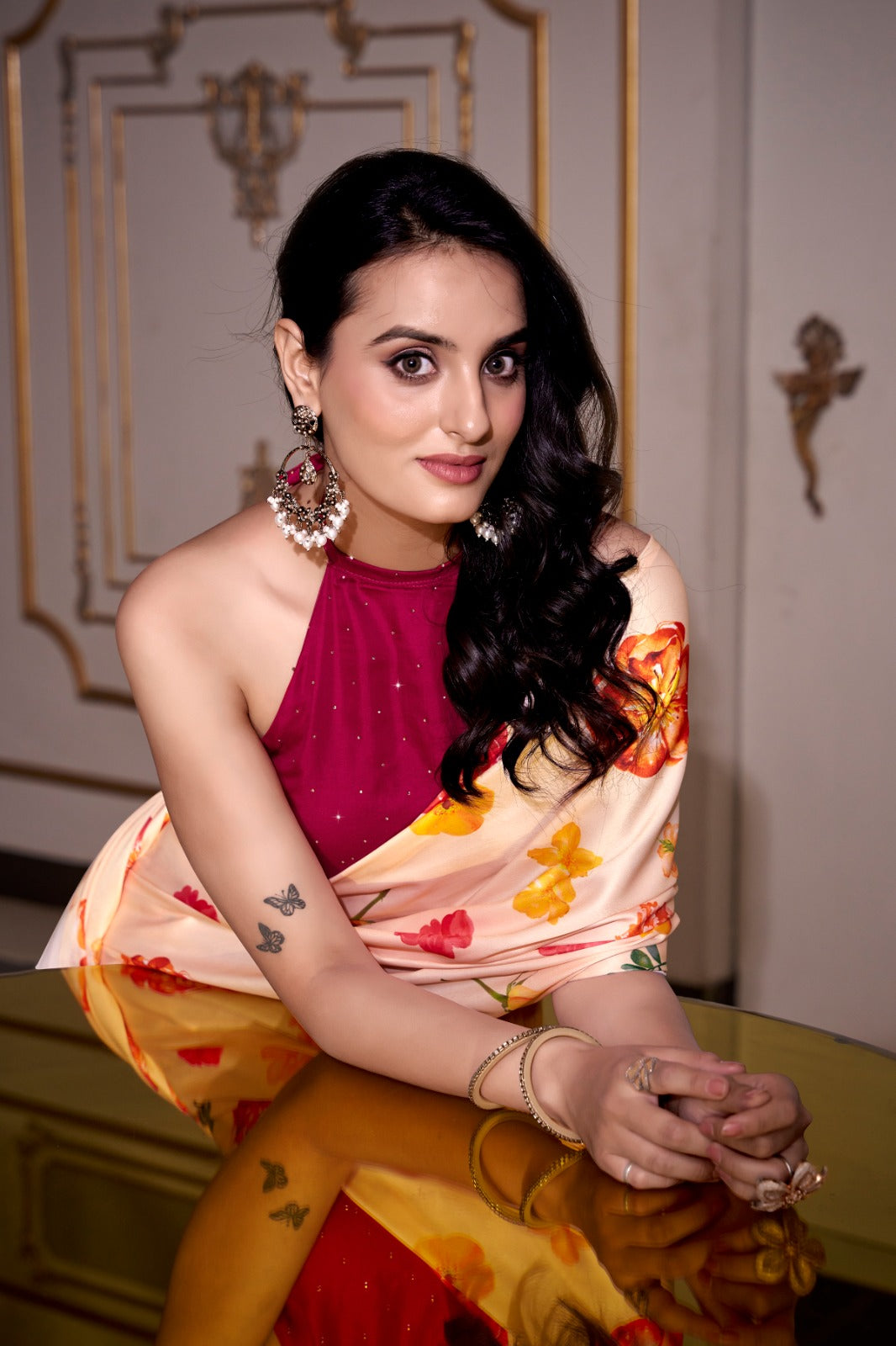 Designer Satin silk Digital print work Printed saree with Unstitched blouse
