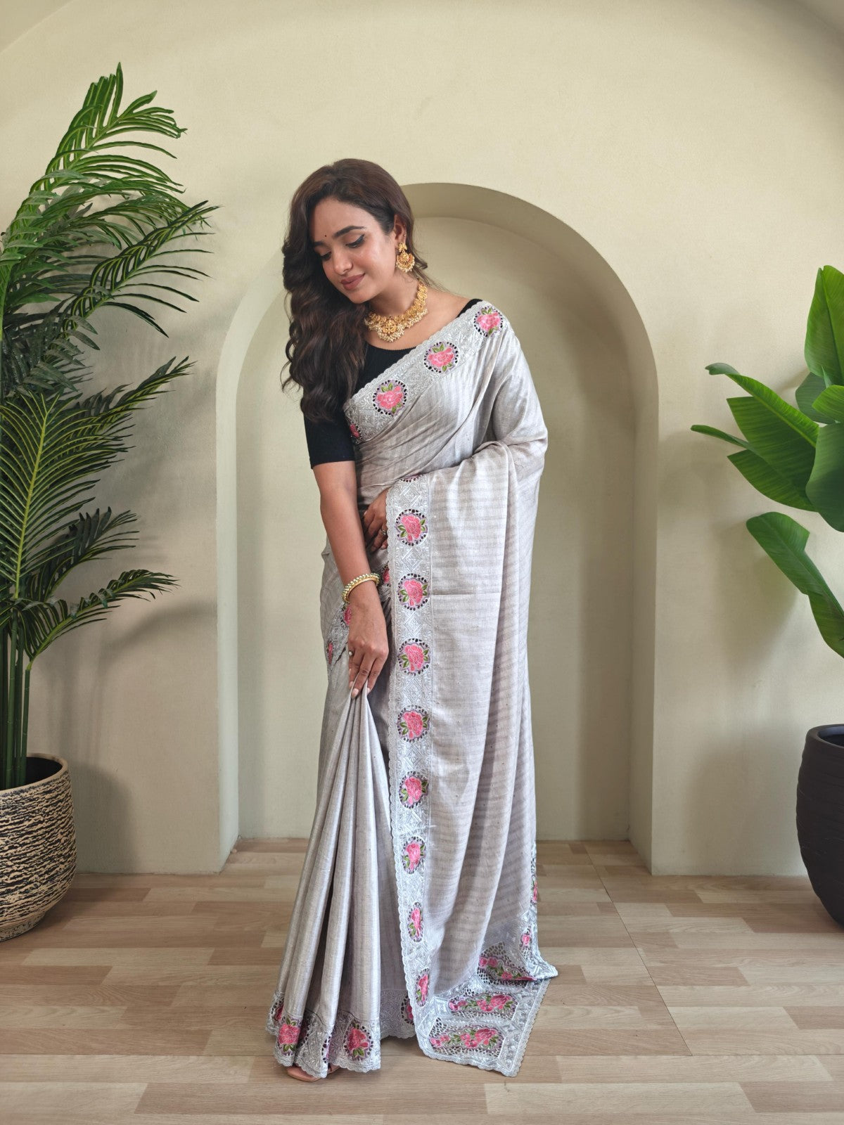 Soft tussar silk with Embroidered cutwork Designer saree blouse