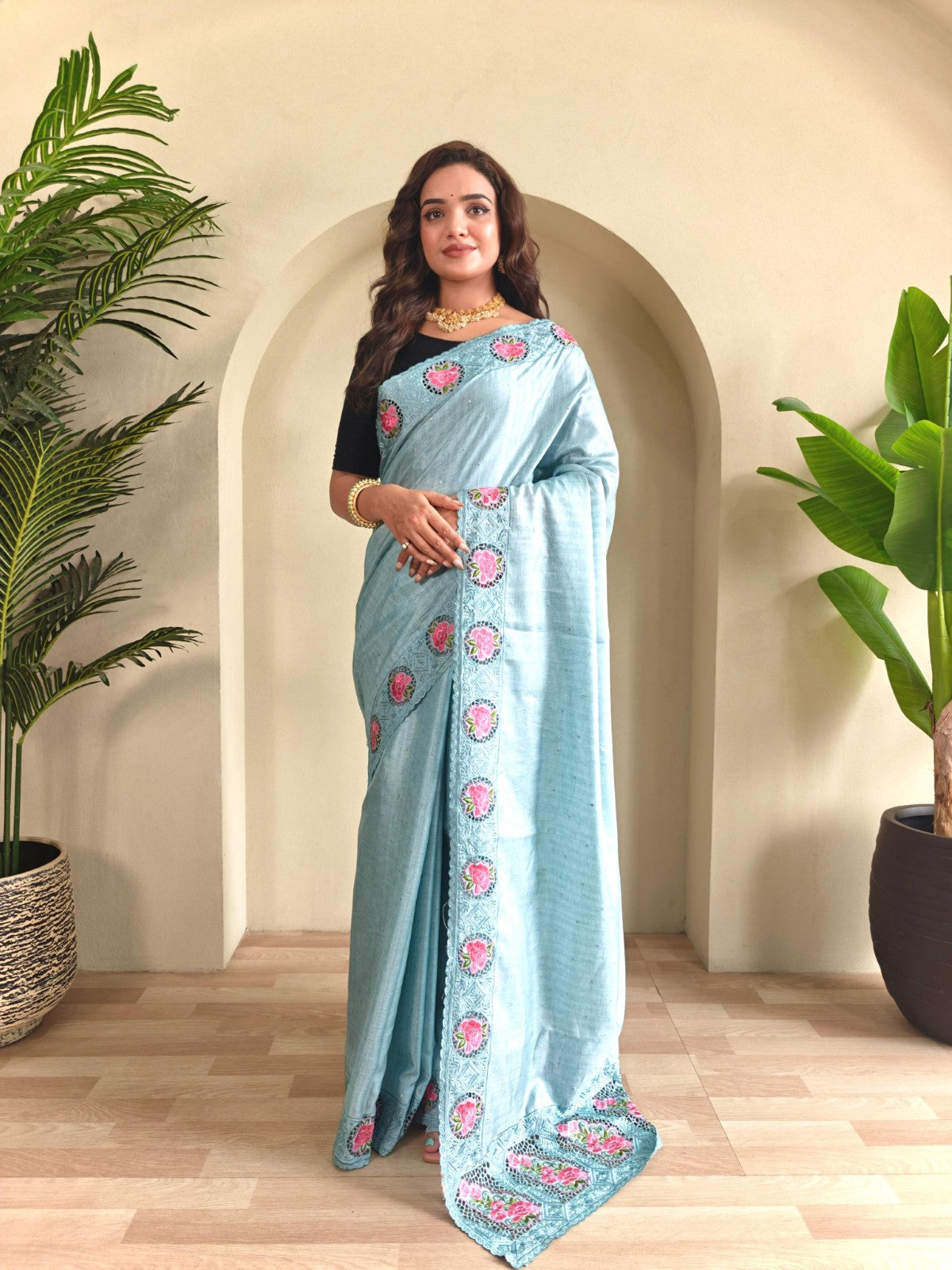 Soft tussar silk with Embroidered cutwork Designer saree blouse