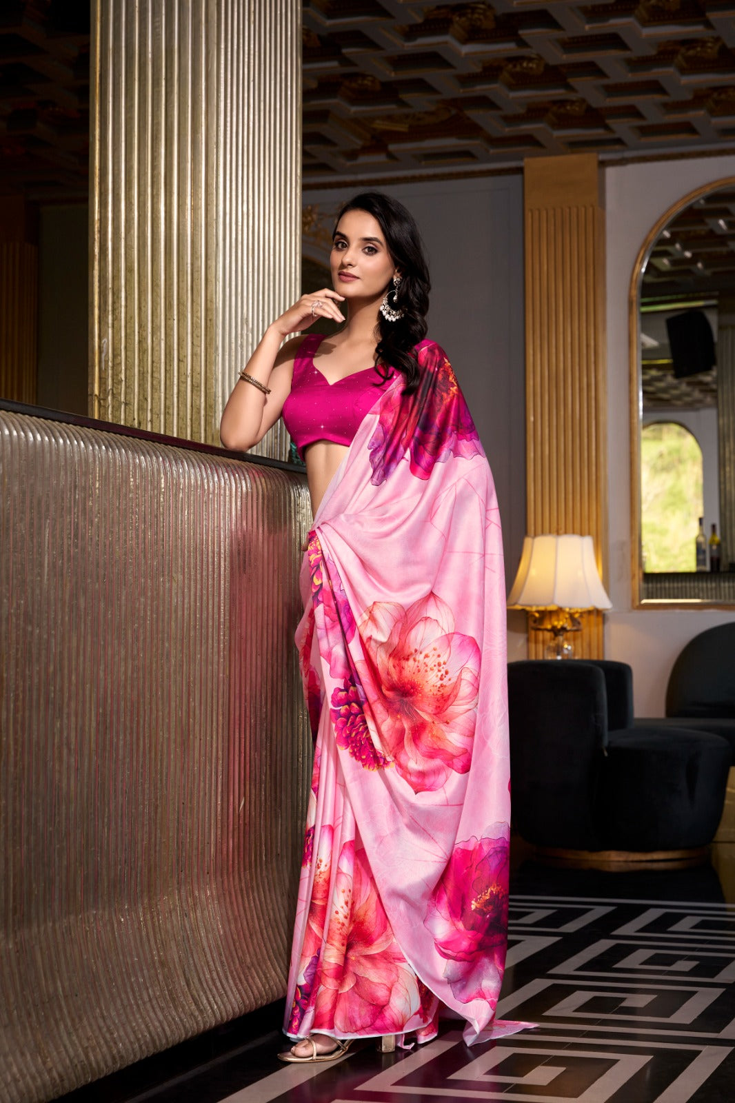 Designer Satin silk Digital print work Printed saree with Unstitched blouse