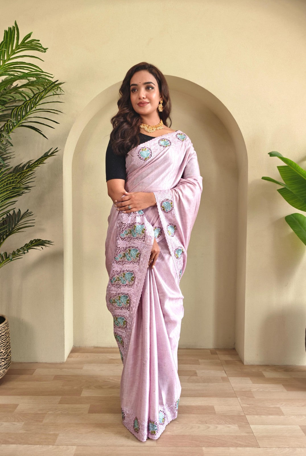 Soft tussar silk with Embroidered cutwork Designer saree blouse