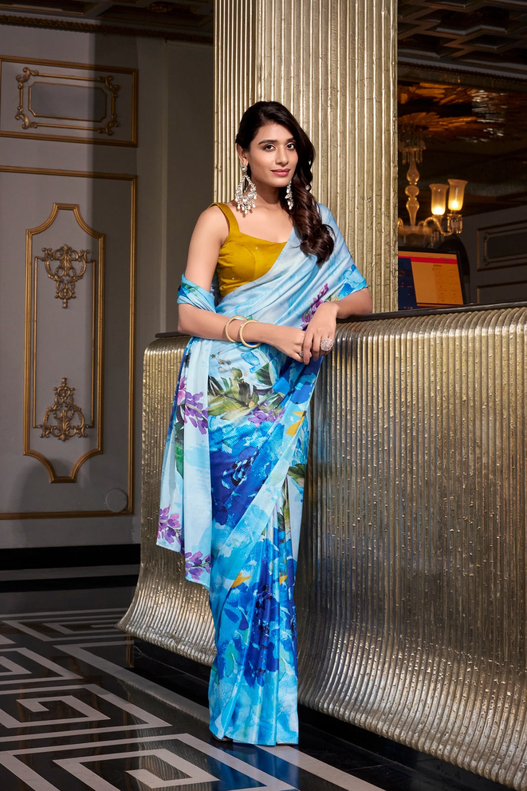 Designer Satin silk Digital print work Printed saree with Unstitched blouse