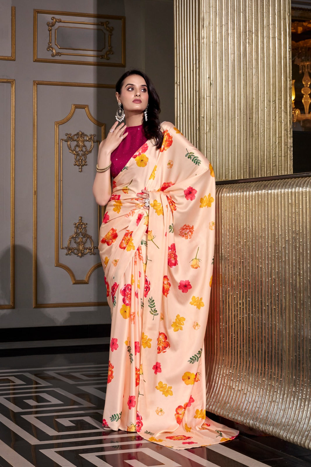 Designer Satin silk Digital print work Printed saree with Unstitched blouse