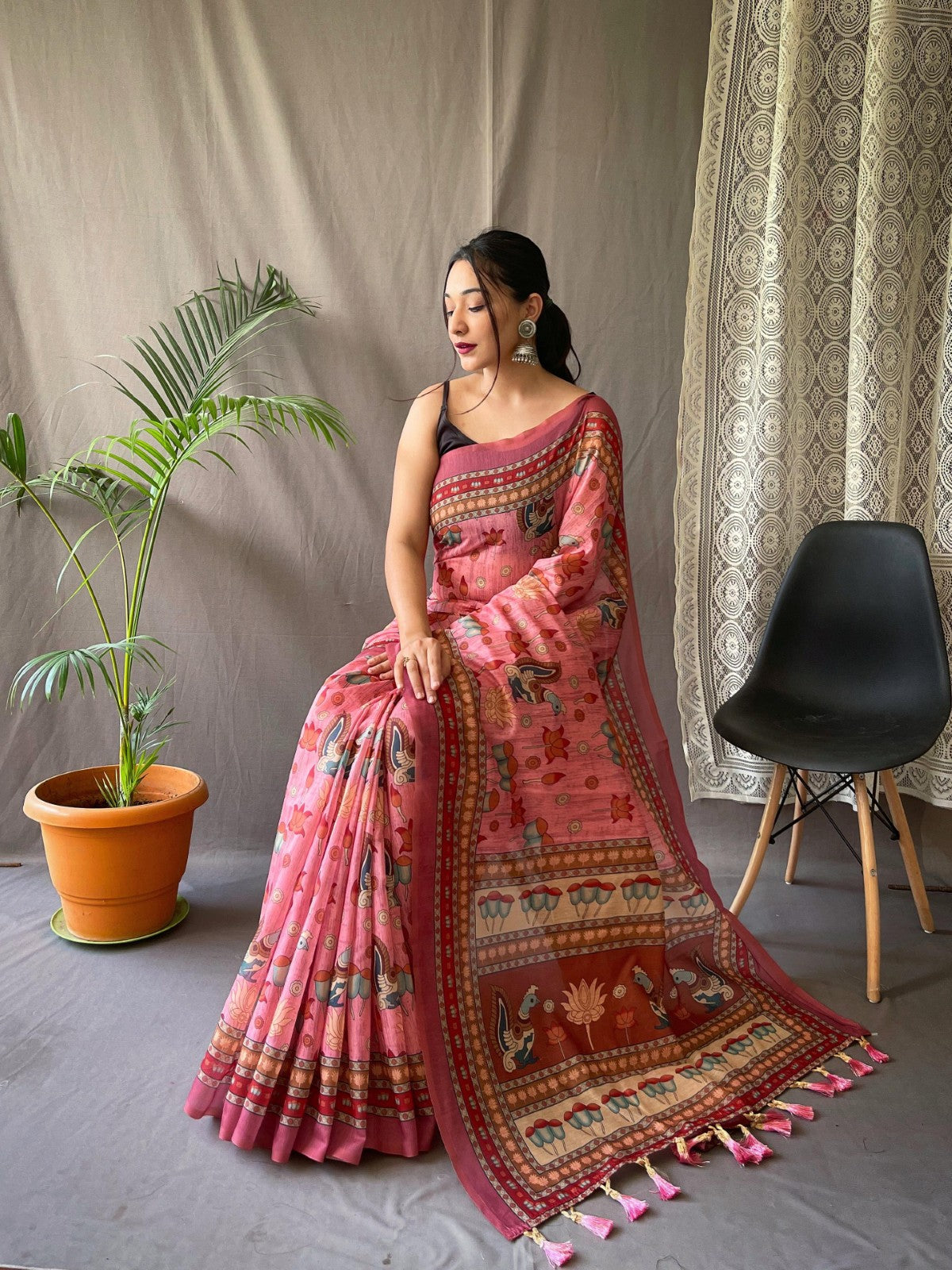 Pure malai cotton kalamkari Printed Tassels with Pallu Weaving saree